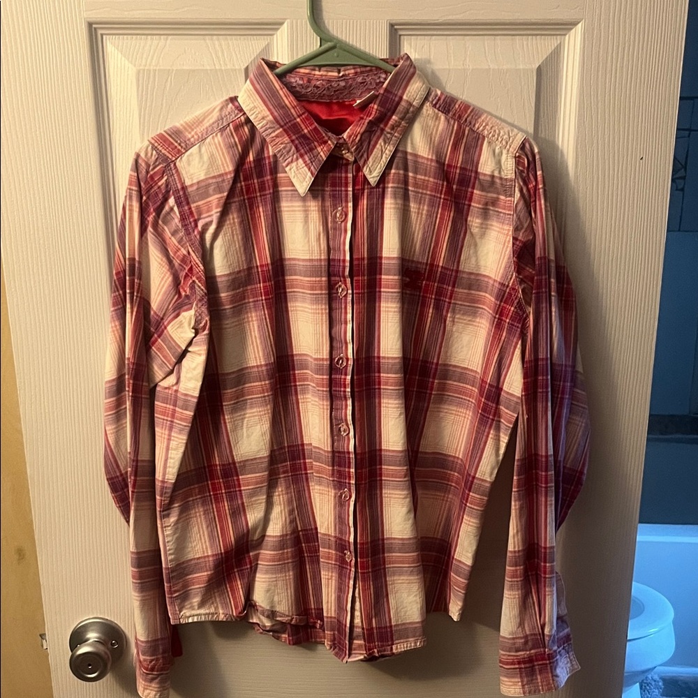 Pink and White Plaid Button-Up Shirt